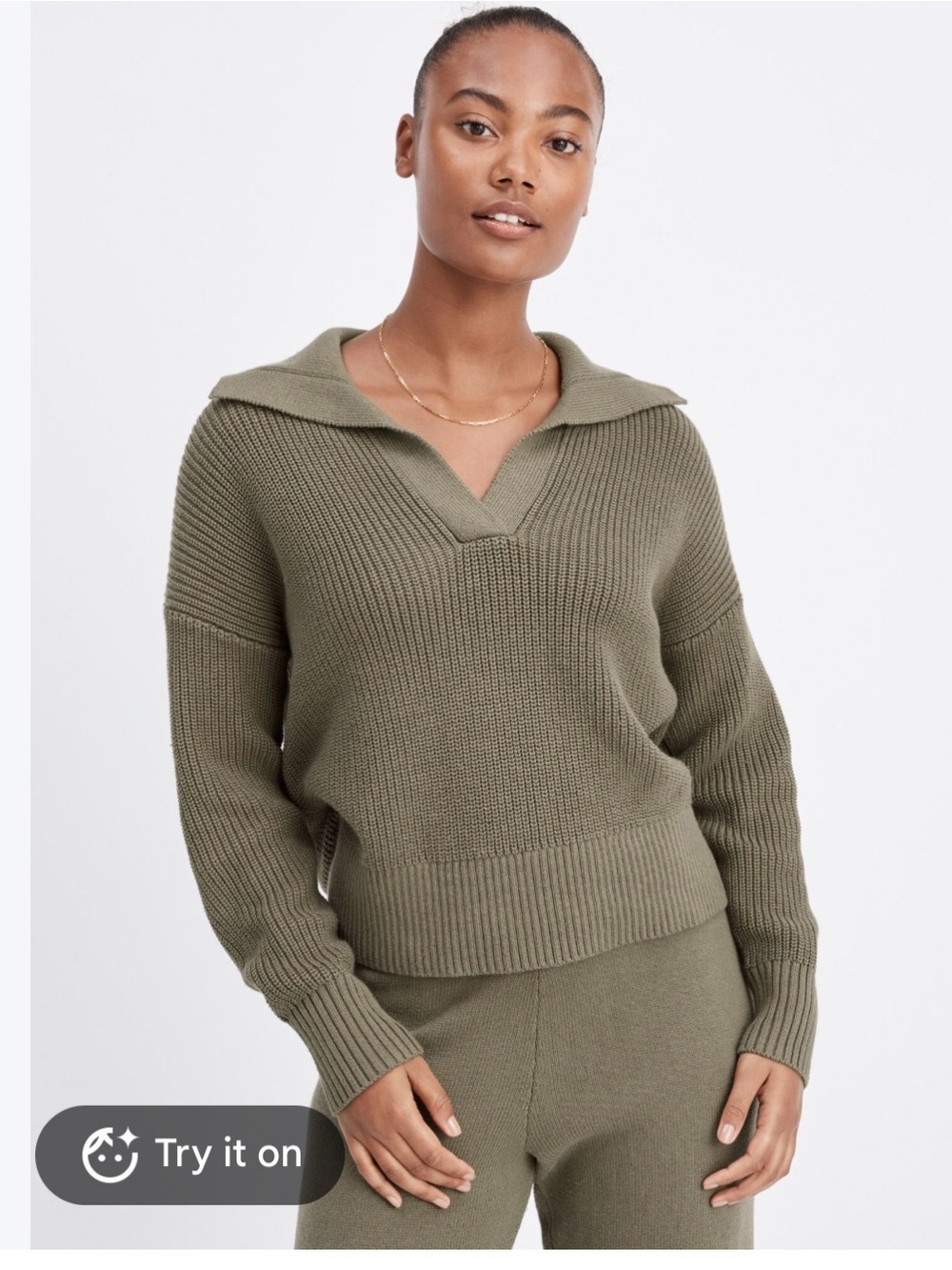 Haven Well Within Olive Ribbed V-Neck Collared Women's Sweater M